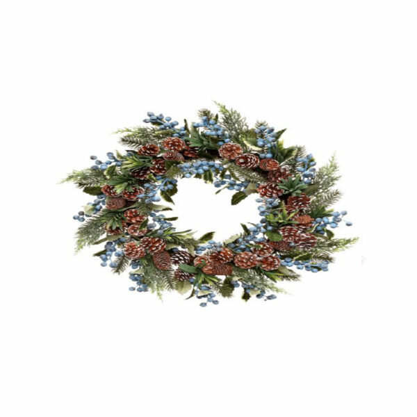 24" BLUEBERRY SNOW CYPRESS WITH CONE WREATH