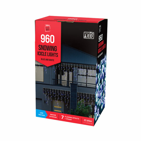 LED SNOWING ICICLES BLUE & WHITE CHRISTMAS LIGHTS WITH TIMER (960PC)