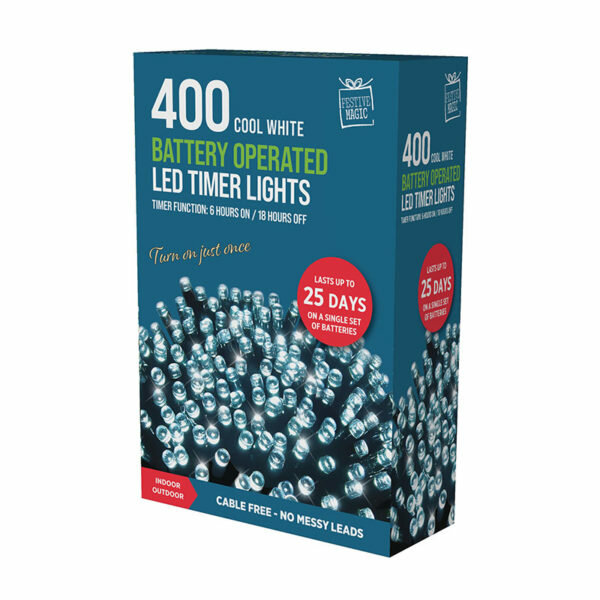 INDOOR / OUTDOOR BATTERY OPERATED TIMER LED CHRISTMAS LIGHTS COOL WHITE (400PC)
