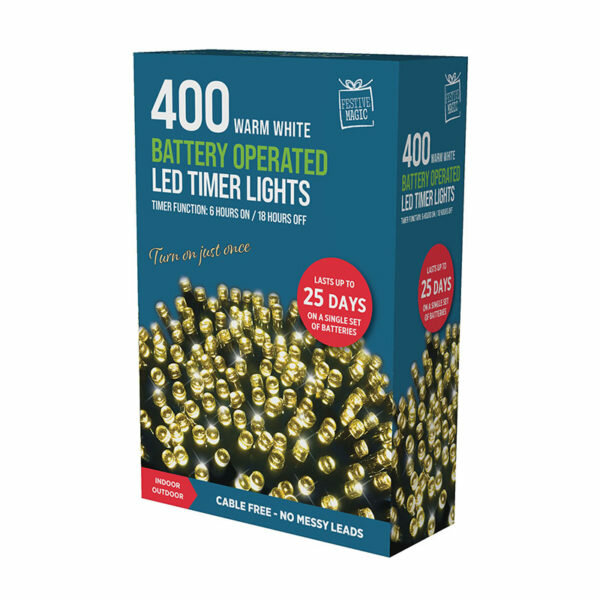 INDOOR / OUTDOOR BATTERY OPERATED TIMER LED CHRISTMAS LIGHTS WARM WHITE (400PC)