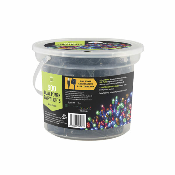 500 LED DUAL POWER SOLAR & USB CHRISTMAS FAIRY LIGHTS TUB MULTI COLOURED