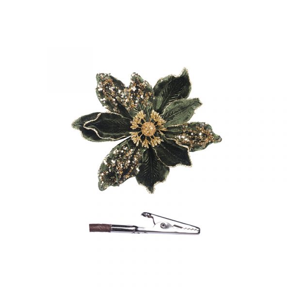 DARK GREEN VELVET POINSETTIA / MAGNOLIA WITH CLIP 22 - 32cm