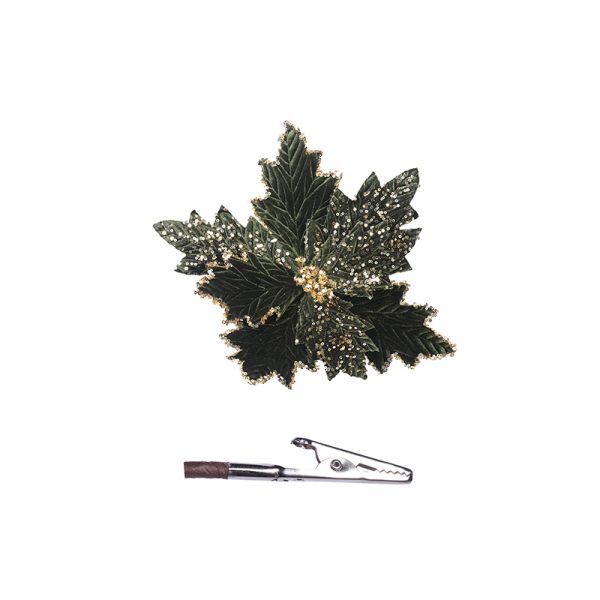 DARK GREEN VELVET POINSETTIA / MAGNOLIA WITH CLIP 22 - 32cm