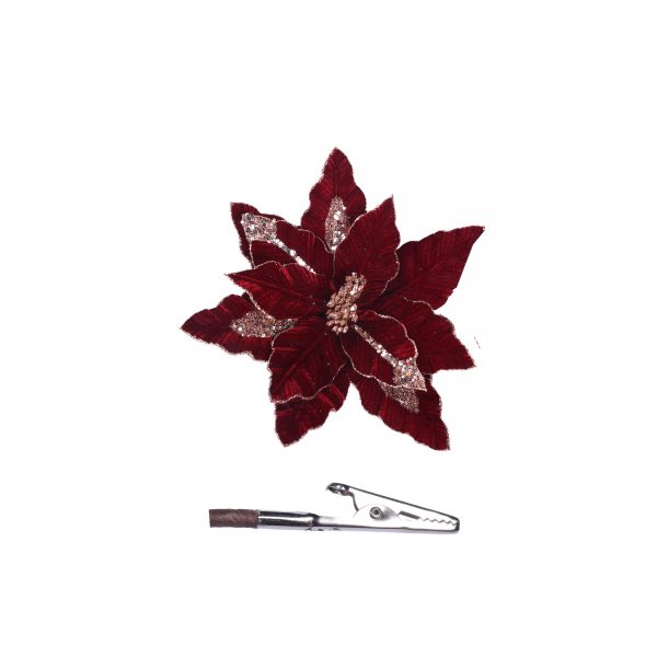 BURGUNDY VELVET POINSETTIA & MAGNOLIA WITH CLIP 23 -33cm