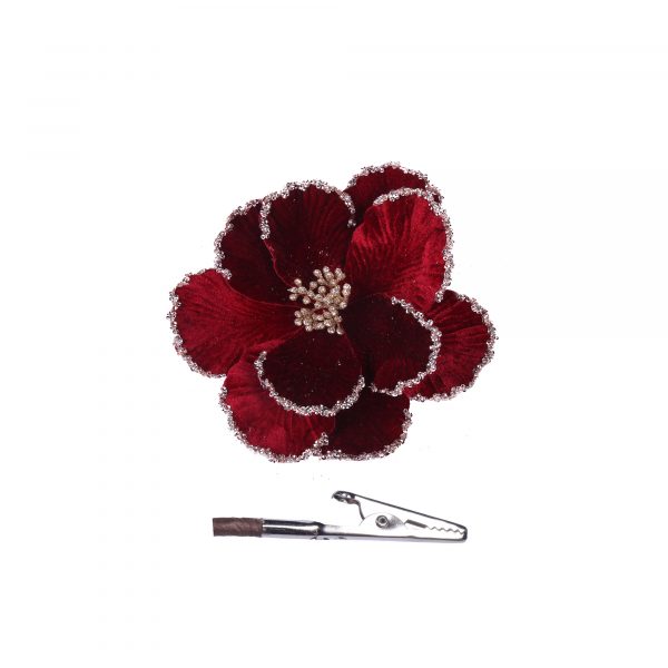BURGUNDY VELVET POINSETTIA & MAGNOLIA WITH CLIP 23 -33cm