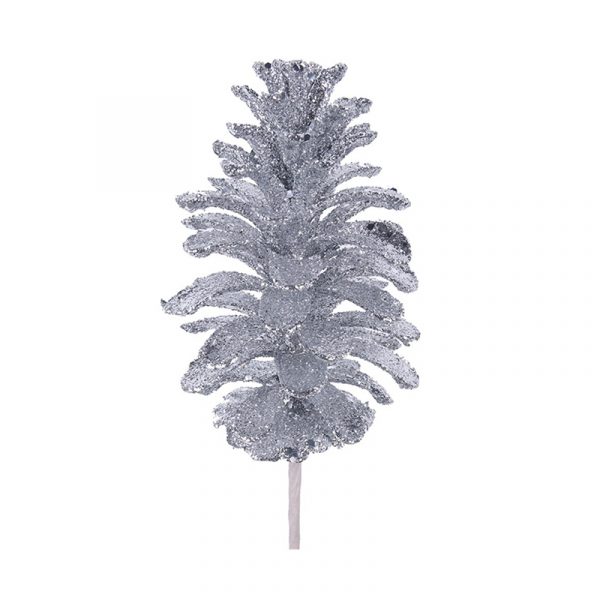 Silver Glitter Pinecone Stem 35cm