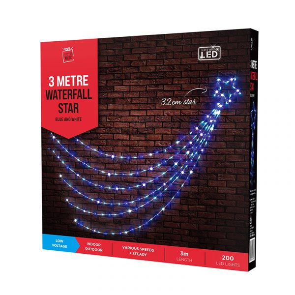 LED WATERFALL STAR BLUE & WHITE CHRISTMAS LIGHTS (200PC)