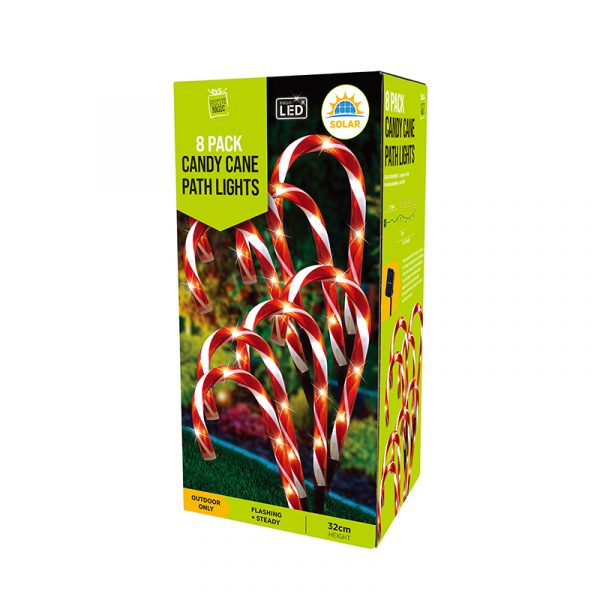 SOLAR POWERED MINI CANDY CANE PATH LIGHTS (8 PACK)