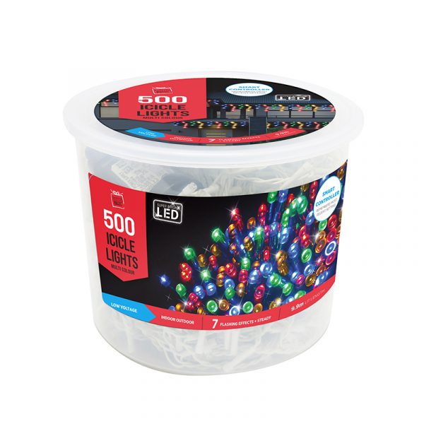 500 LED ICICLE CHRISTMAS LIGHTS FLASHING MULTI COLOURED TUB