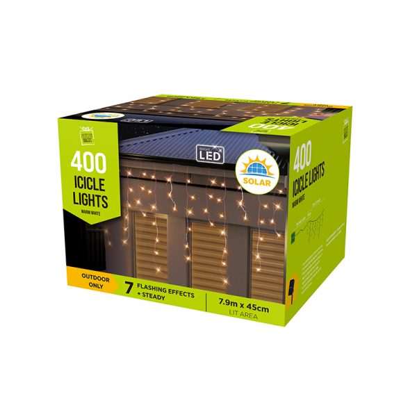 400 SOLAR ICICLE LIGHTS (7.9m) - WARM WHITE
