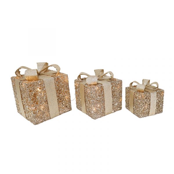 SET OF 3 LED LIGHTED TINSEL CHRISTMAS PRESENTS GOLD