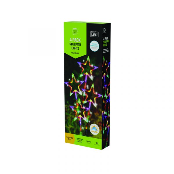 SOLAR LED STAR GARDEN PATH LIGHTS (4 PACK) MULTI COLOURED