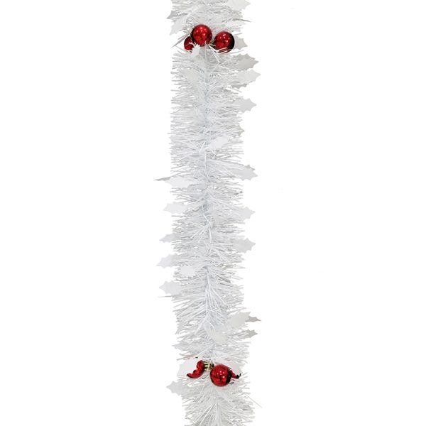2M TINSEL MATTE HOLLY BAUBLES WHITE