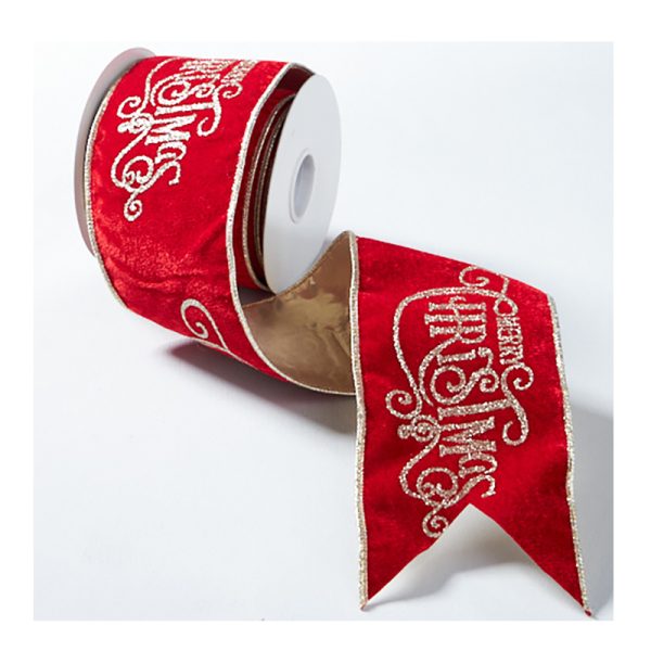 RED VELVET RIBBON WITH MERRY CHRISTMAS GLITTER DETAIL 10CM x 5M