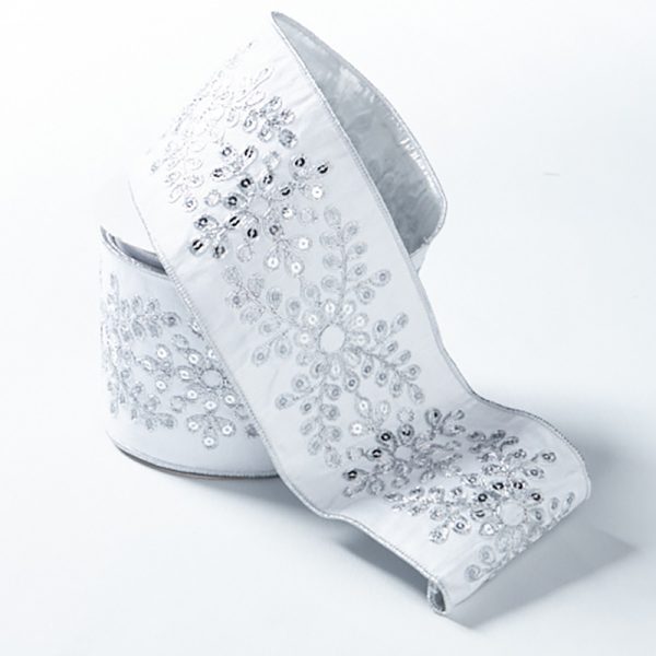 WHITE DUPION RIBBON EMBROIDED  WITH SILVER SEQUIN 10CM x 5M