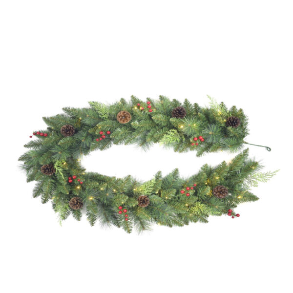 PRE-LIT DECORATED GREEN GARLAND GPO WITH 50 WARM WHITE LEDS BATTERY OPPERATED.
