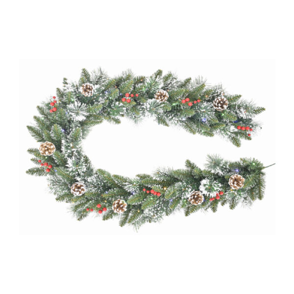 270CM PRE-LIT DECORATED SNOW TIP GARLAND XUE WITH 70 WARM WHITE LEDS BATTERY OPERATED