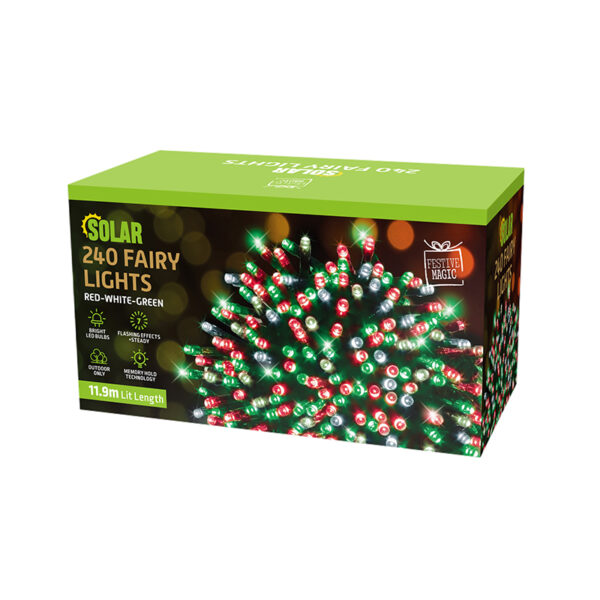 11.95M SOLAR 240 RED GREEN WHITE CHRISTMAS COLOUR LED FAIRY LIGHTS